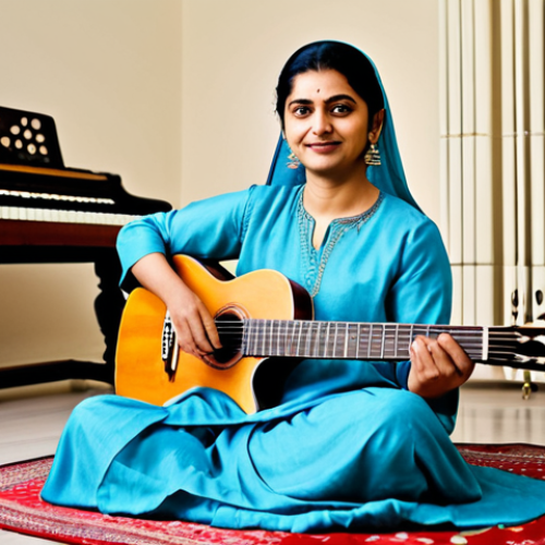 Home 11 **
"A professional female music teacher in a modest shalwar kameez, sitting in a brightly lit music room, surrounded by instruments like a sitar, tabla, and harmonium. She is demonstrating a musical concept. Safe for work, appropriate content, fully clothed, professional, perfect anatomy, natural proportions, high quality, family-friendly."
**