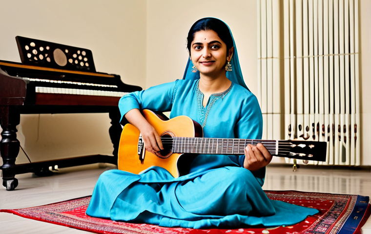 **

"A professional female music teacher in a modest shalwar kameez, sitting in a brightly lit music room, surrounded by instruments like a sitar, tabla, and harmonium. She is demonstrating a musical concept. Safe for work, appropriate content, fully clothed, professional, perfect anatomy, natural proportions, high quality, family-friendly."

**