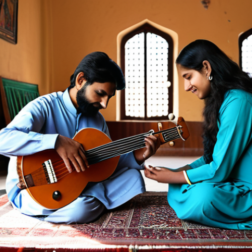 Home 6 **
"A professional music teacher, fully clothed in modest attire, instructing a young student on playing the sitar in a bright, sunlit music room. The room is decorated with traditional Pakistani art. Safe for work, appropriate content, perfect anatomy, natural proportions, family-friendly, high quality, professional photography."
**